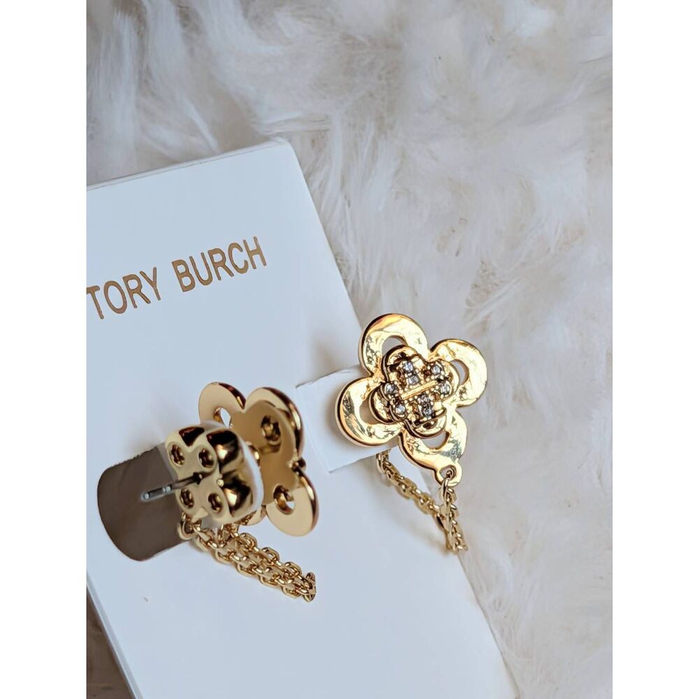 TORY BURCH Gold Clover Front Back Chain Linked Stud Earrings Pave Logo - Picture 2 of 4